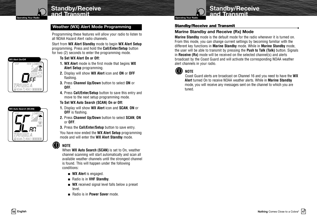 Cobra Electronics MRHH325VP Marine Standby and Receive Rx Mode, Standby/Receive and Transmit, To Set WX Alert On or Off 