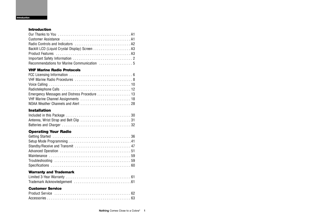 Cobra Electronics MRHH325VP owner manual Table of Contents 