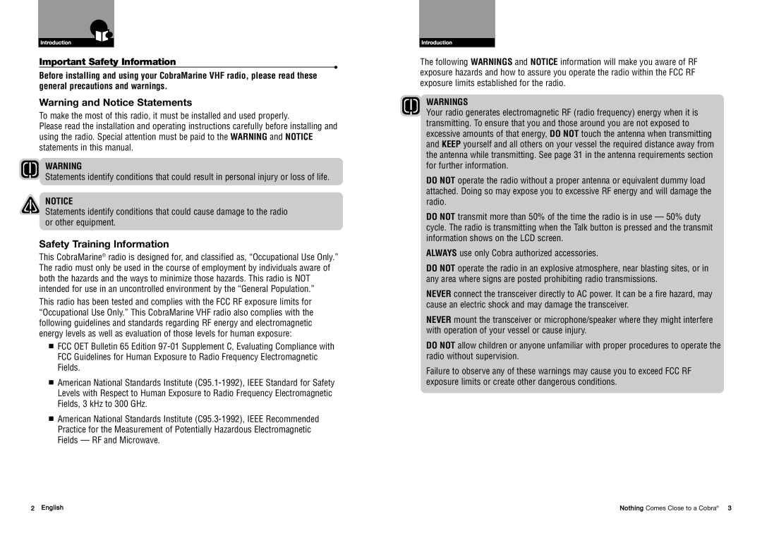 Cobra Electronics MRHH325VP owner manual Important Safety Information, Safety Training Information 