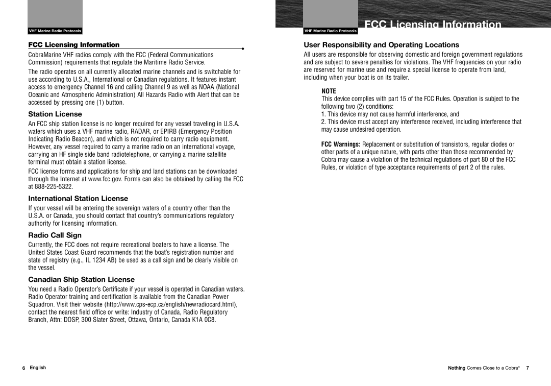 Cobra Electronics MRHH325VP owner manual FCC Licensing Information 