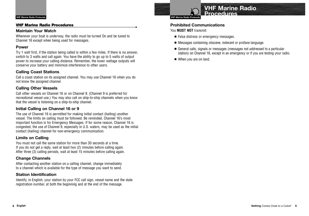 Cobra Electronics MRHH325VP owner manual VHF Marine Radio Procedures 