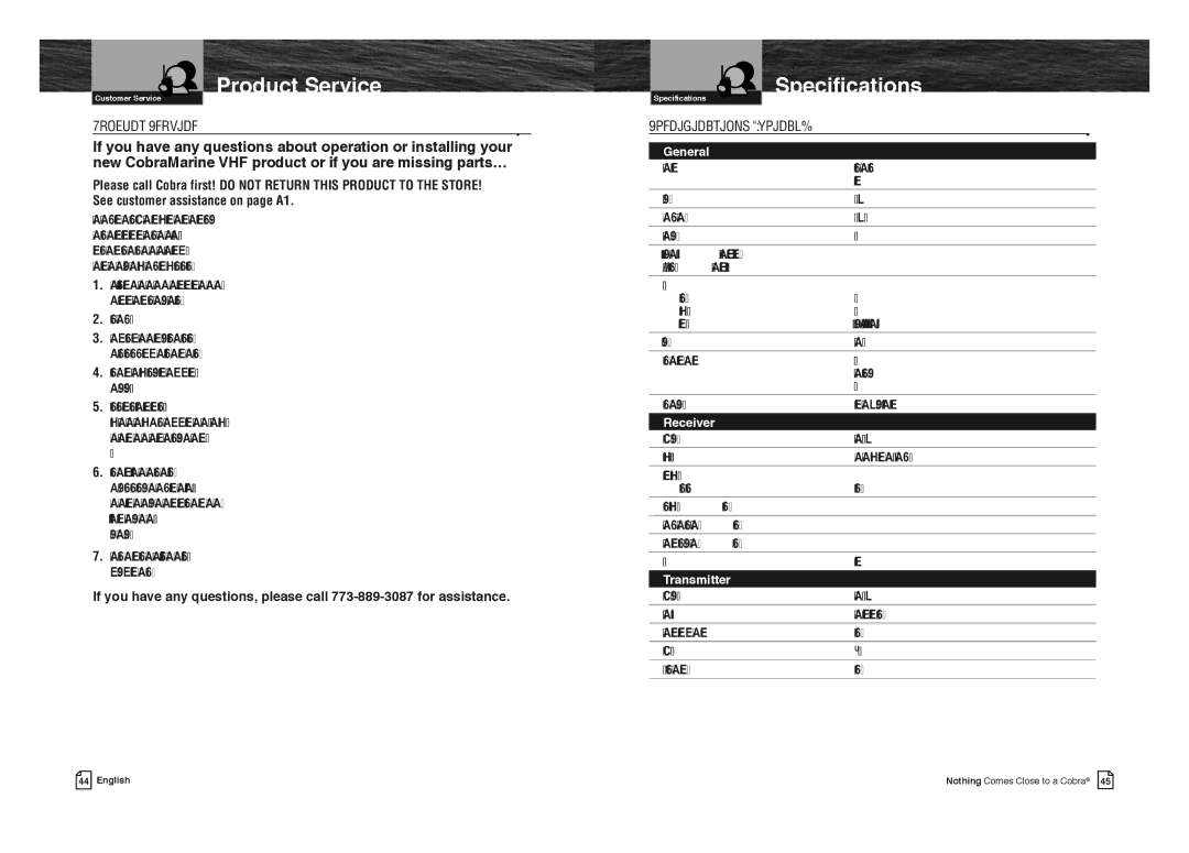 Cobra Electronics MRHH350FLT owner manual Product Service, Specifications Typical, Send the entire product 