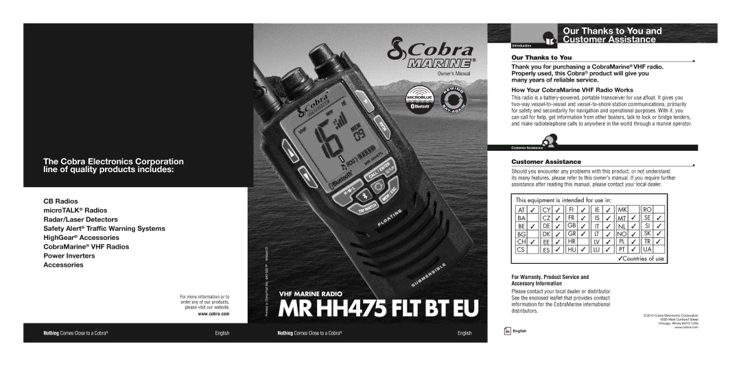 Cobra Electronics MRHH475FLTBTEU owner manual Our Thanks to You Customer Assistance 