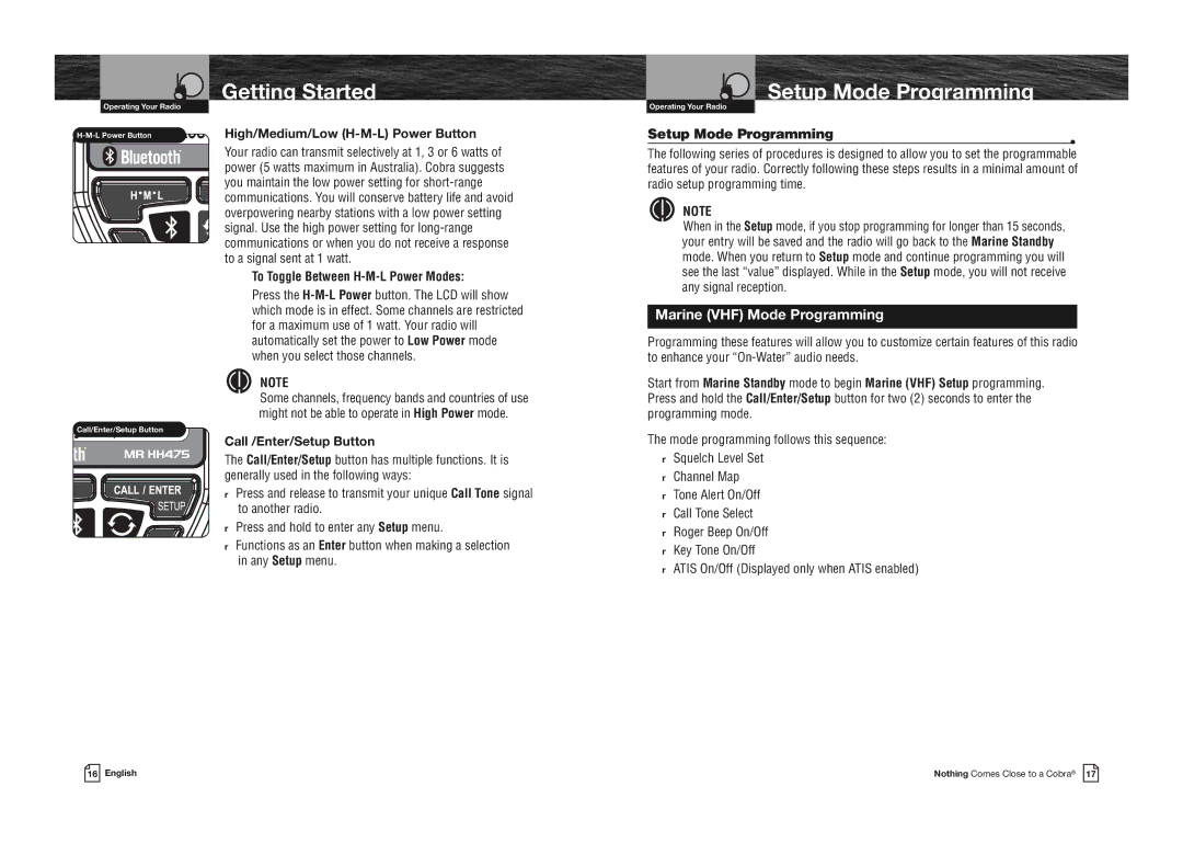 Cobra Electronics MRHH475FLTBTEU Setup Mode Programming, High/Medium/Low H-M-L Power Button, Call /Enter/Setup Button 