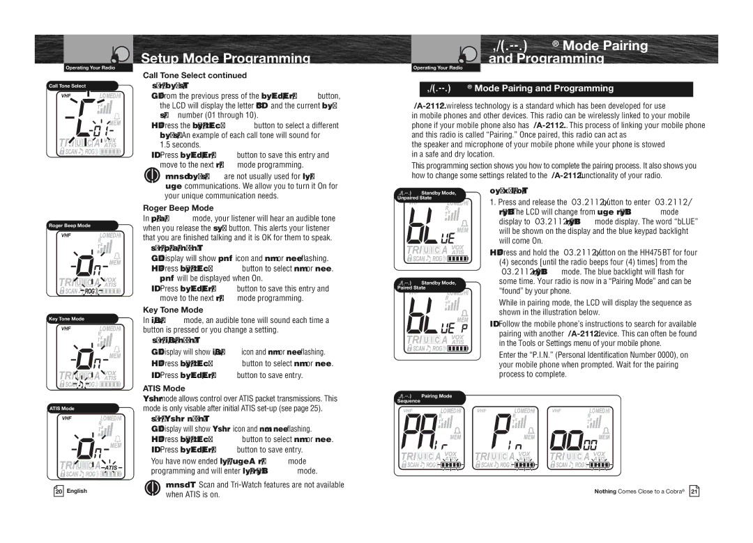 Cobra Electronics MRHH475FLTBTEU owner manual Bluetooth Mode Pairing Programming 