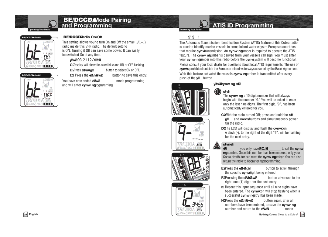 Cobra Electronics MRHH475FLTBTEU owner manual Atis ID Programming, Bluetooth Radio On/Off, To Set Bluetooth On and Off 