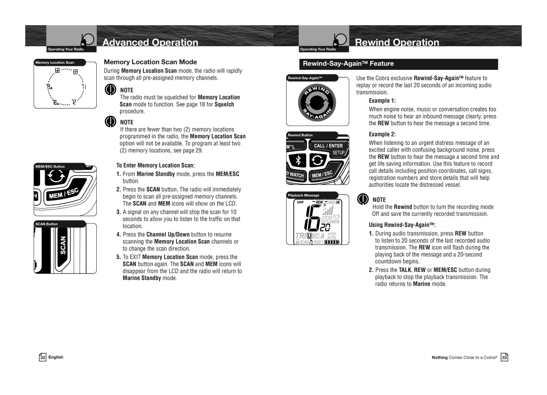 Cobra Electronics MRHH475FLTBTEU owner manual Rewind Operation, Memory Location Scan Mode, Example, Marine Standby mode 