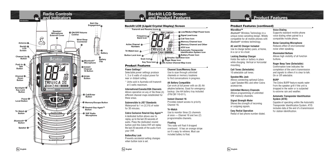 Cobra Electronics MRHH475FLTBTEU owner manual Radio Controls Indicators, Backlit LCD Screen Product Features 