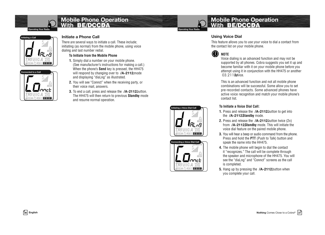 Cobra Electronics MRHH475FLTBTEU owner manual Initiate a Phone Call, Using Voice Dial, To Initiate from the Mobile Phone 