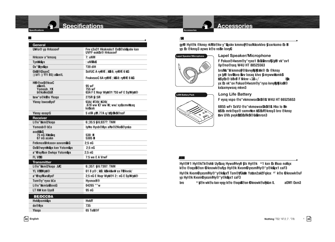 Cobra Electronics MRHH475FLTBTEU owner manual Specifications, Accessories, Lapel Speaker/Microphone, Long Life Battery 