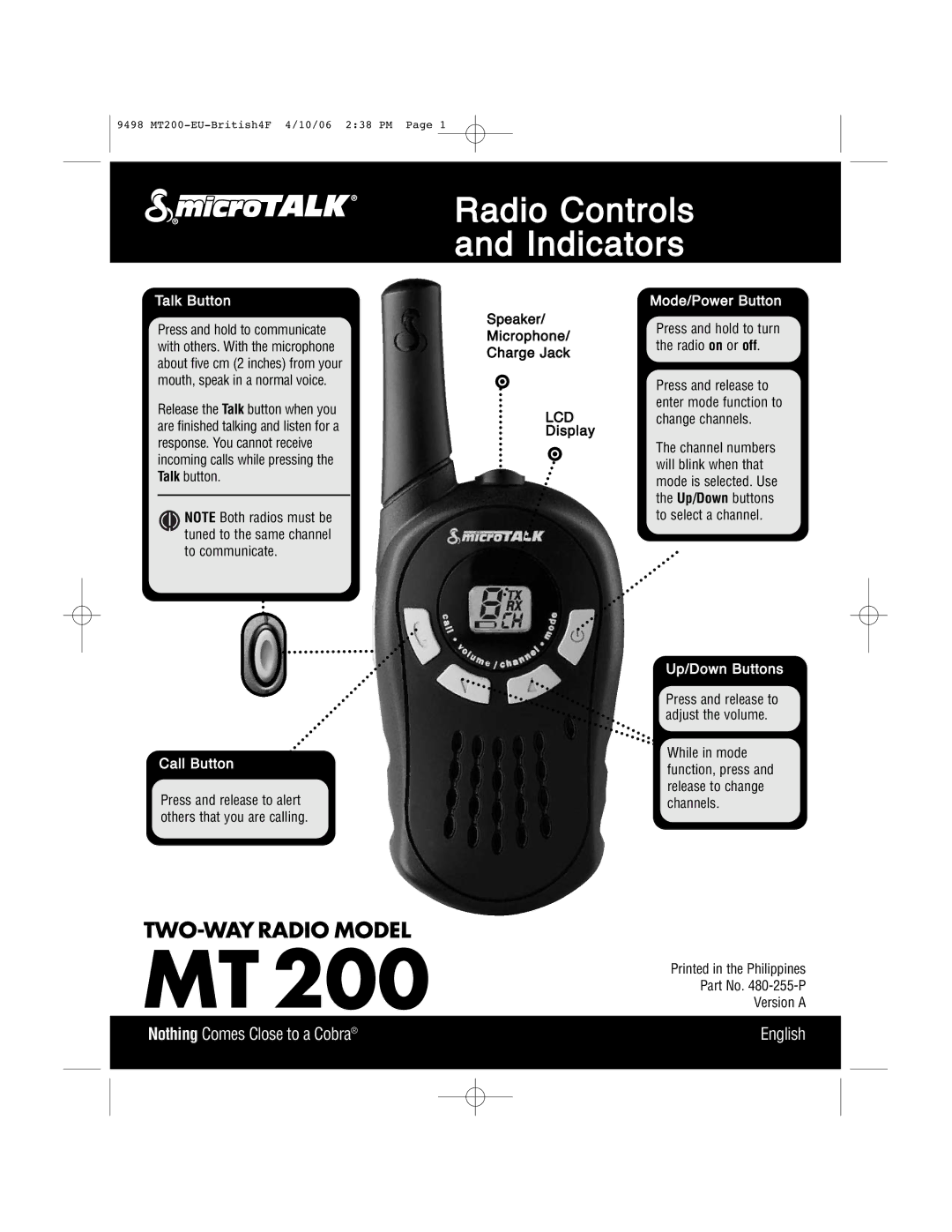 Cobra Electronics MT 200 manual Radio Controls and Indicators, Talk Button, Call Button, Mode/Power Button 