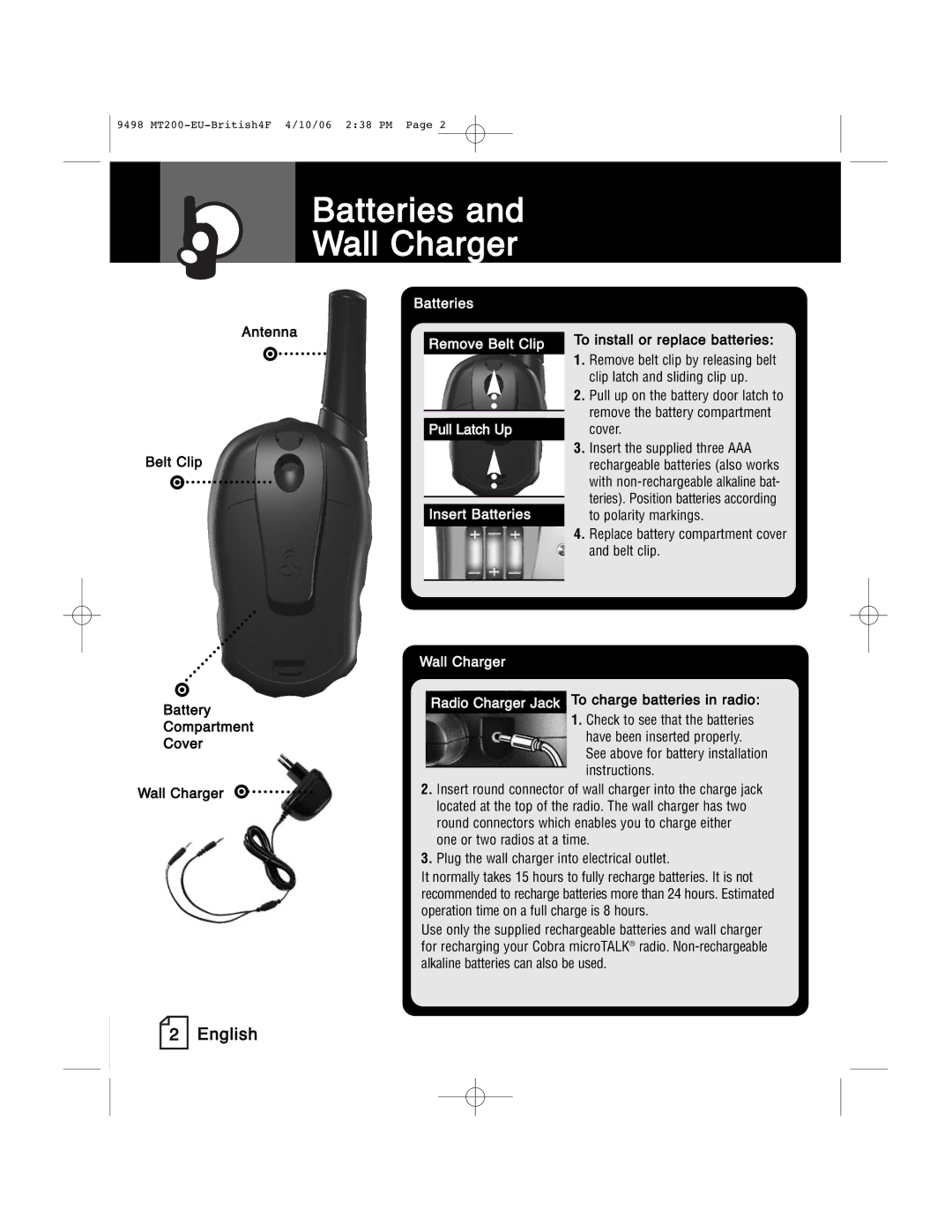 Cobra Electronics MT 200 manual Batteries and Wall Charger, To install or replace batteries 