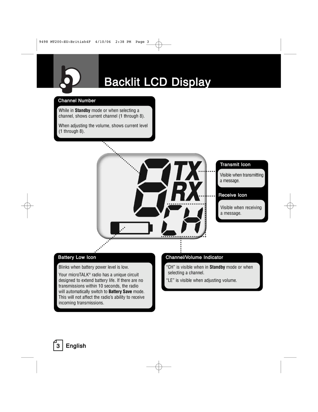 Cobra Electronics MT 200 manual Backlit LCD Display 