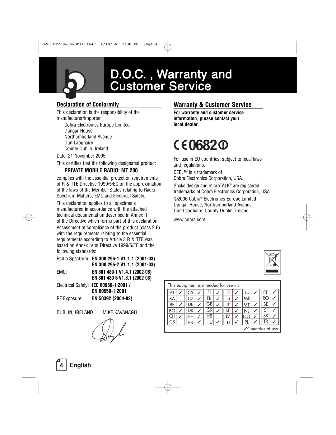 Cobra Electronics MT 200 manual C. , Warranty and Customer Service, Declaration of Conformity 