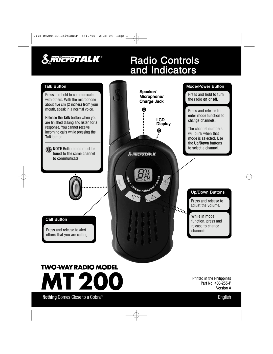 Cobra Electronics MT 200 manual Radio Controls and Indicators, Talk Button, Call Button, Mode/Power Button, English 