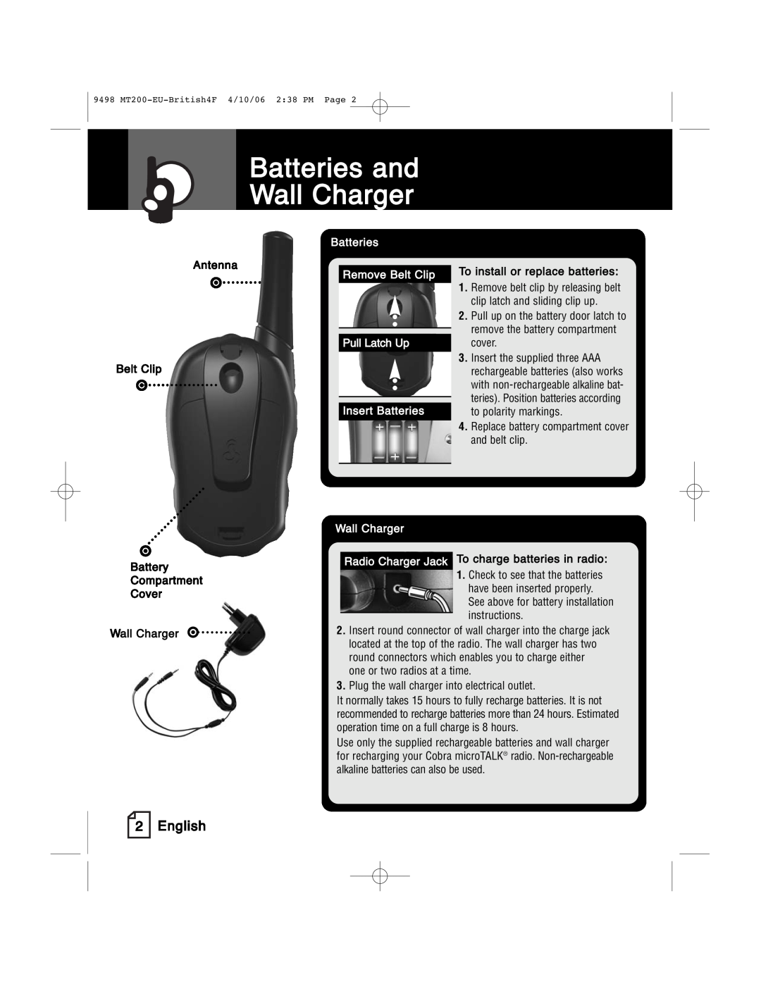 Cobra Electronics MT 200 manual Batteries and Wall Charger, English, Antenna Belt Clip, To install or replace batteries 
