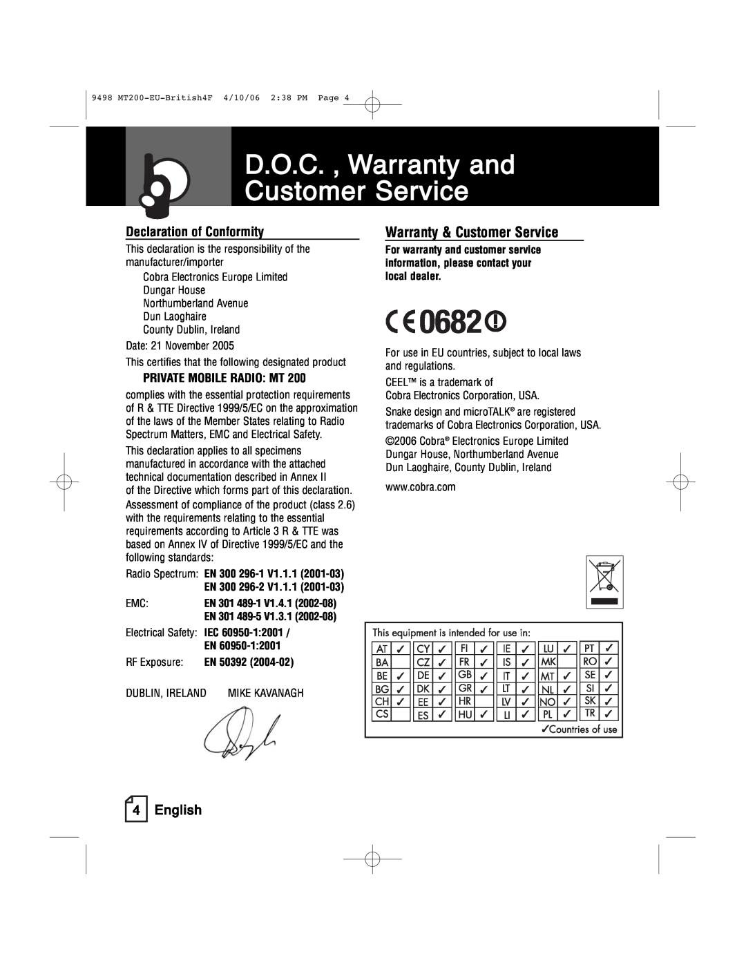 Cobra Electronics MT 200 D.O.C. , Warranty and Customer Service, Declaration of Conformity, English, Electrical Safety IEC 