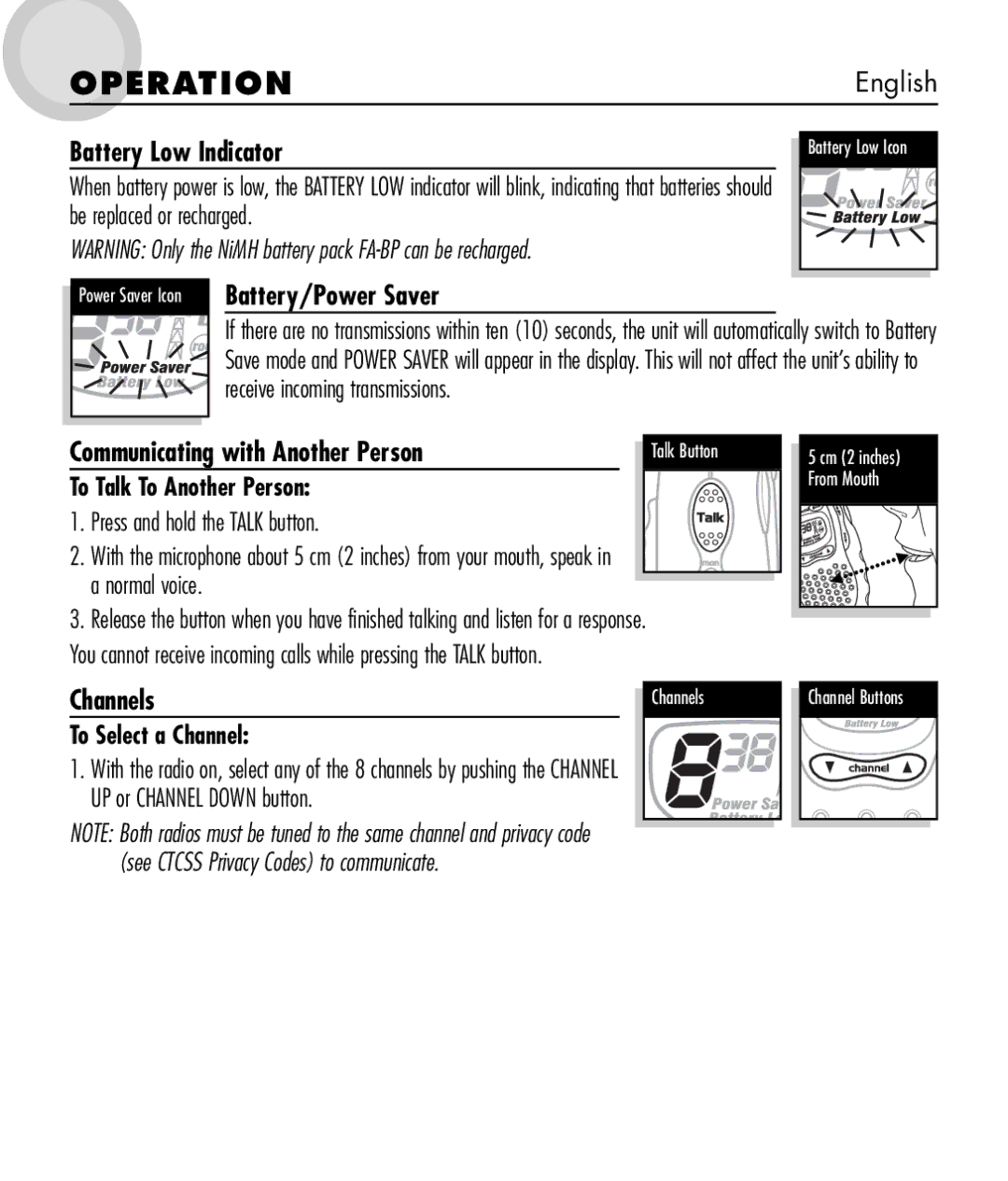 Cobra Electronics MT 525 manual Battery Low Indicator, Communicating with Another Person, Channels 