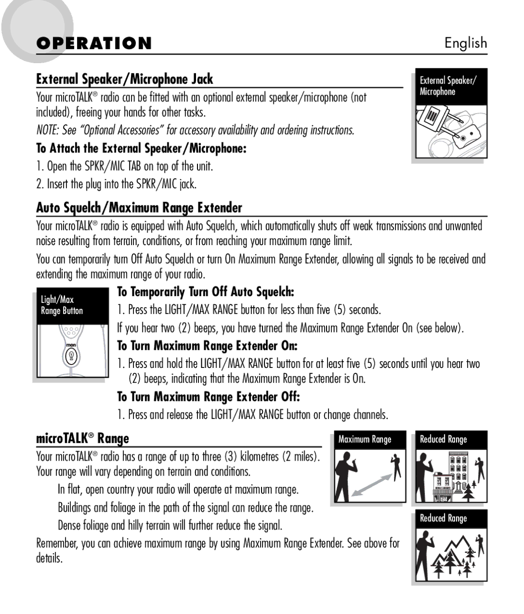 Cobra Electronics MT 525 manual MicroTALK Range 