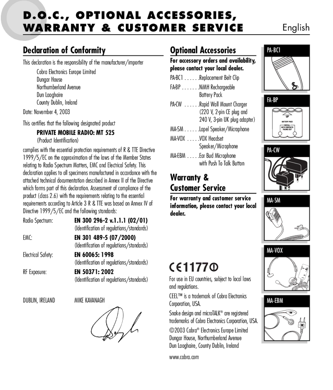 Cobra Electronics MT 525 manual C., Optional Accessories Warranty & Customer Service, Declaration of Conformity 