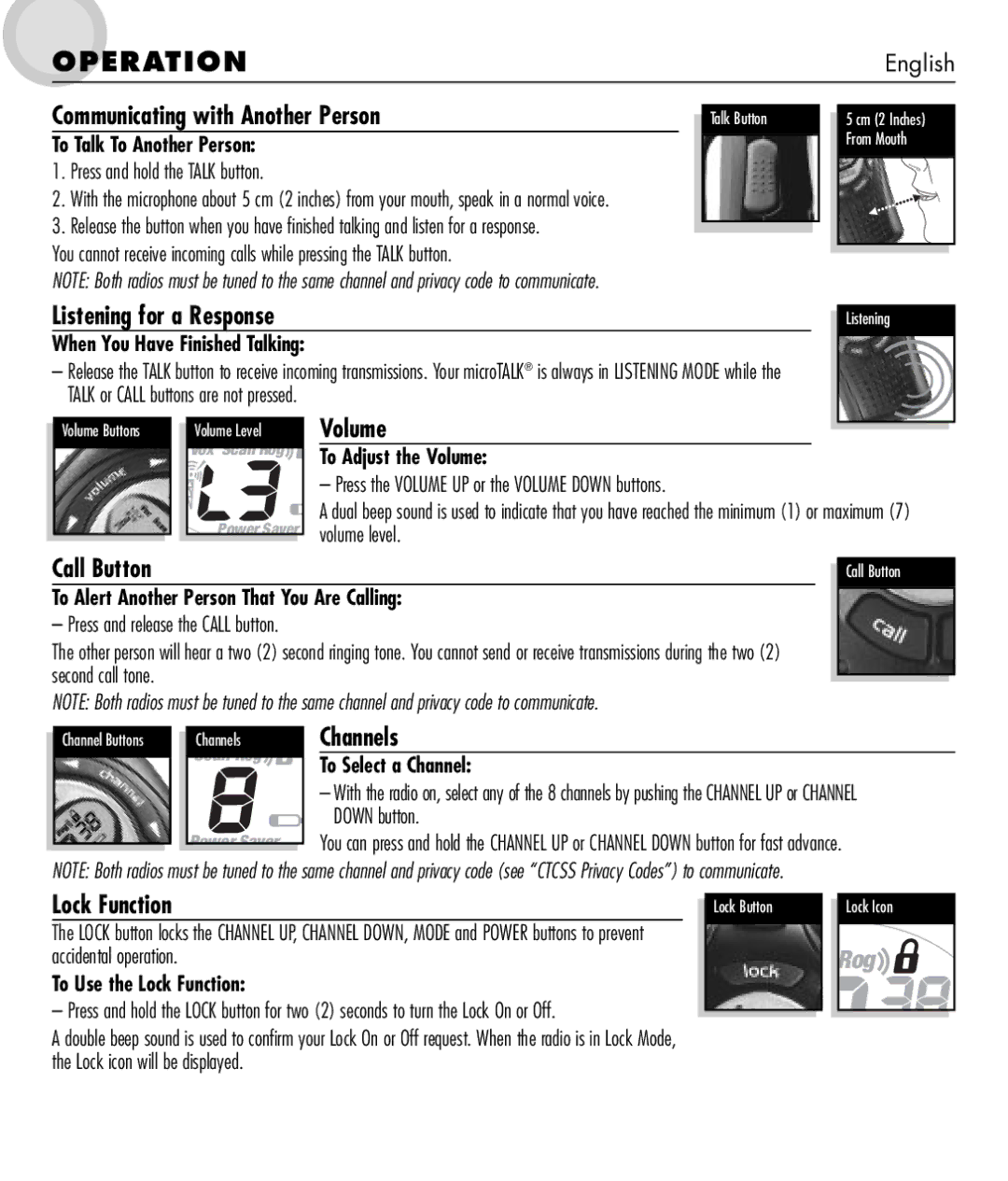 Cobra Electronics MT 550 manual Operation, Listening for a Response, Call Button, Lock Function 