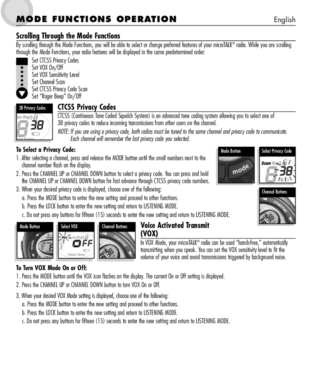 Cobra Electronics MT 550 Mode Functions Operation, Scrolling Through the Mode Functions, Voice Activated Transmit VOX 