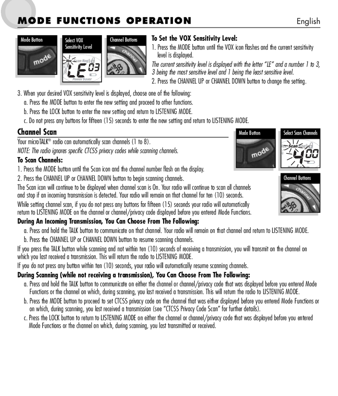 Cobra Electronics MT 550 manual Channel Scan, To Set the VOX Sensitivity Level, To Scan Channels 