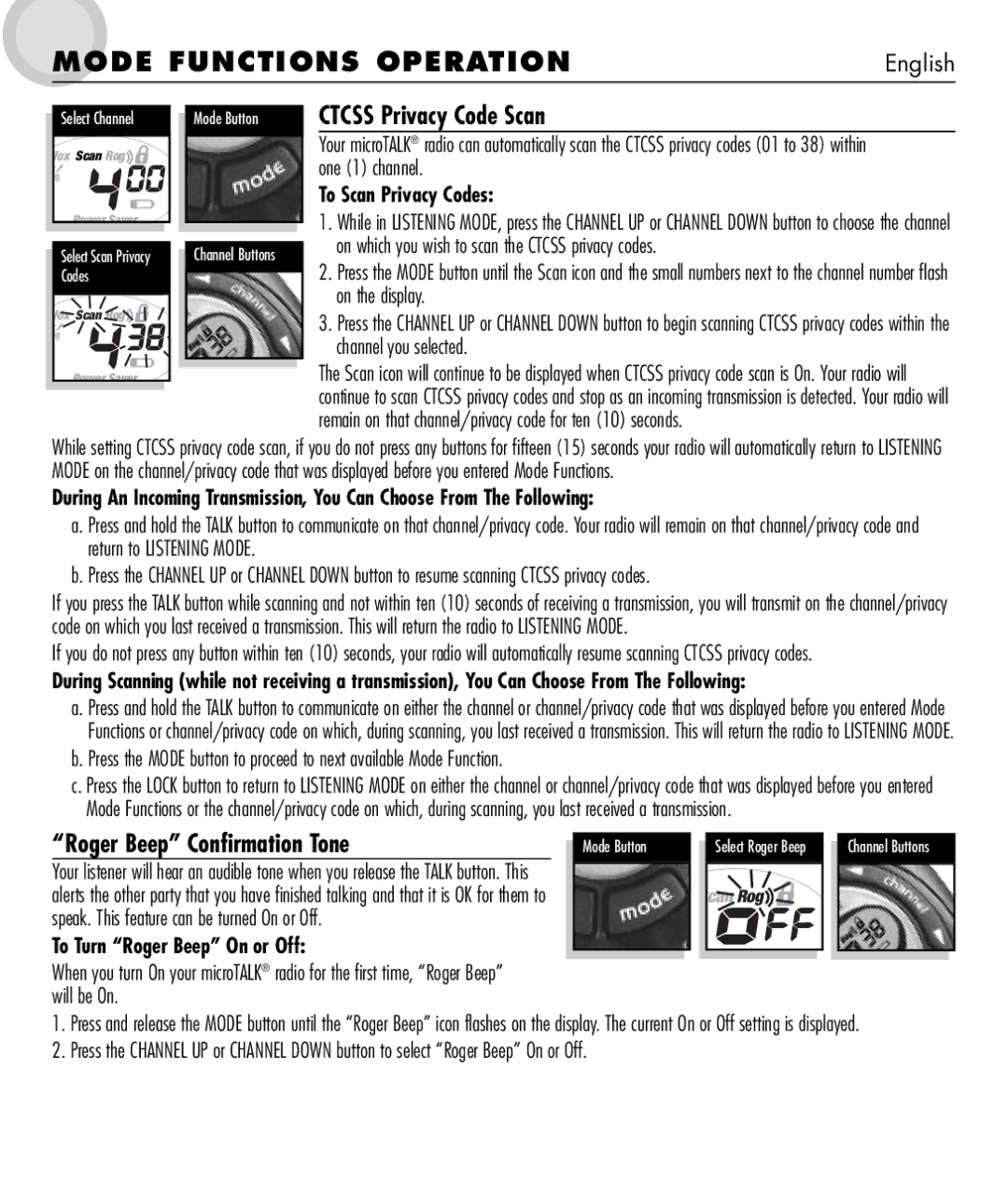 Cobra Electronics MT 550 manual Ctcss Privacy Code Scan, Roger Beep Confirmation Tone, To Scan Privacy Codes 