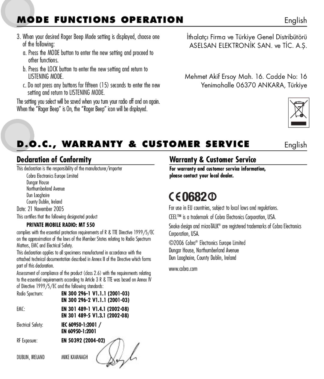 Cobra Electronics MT 550 manual C., Warranty & Customer Service, Declaration of Conformity, Date 21 November 