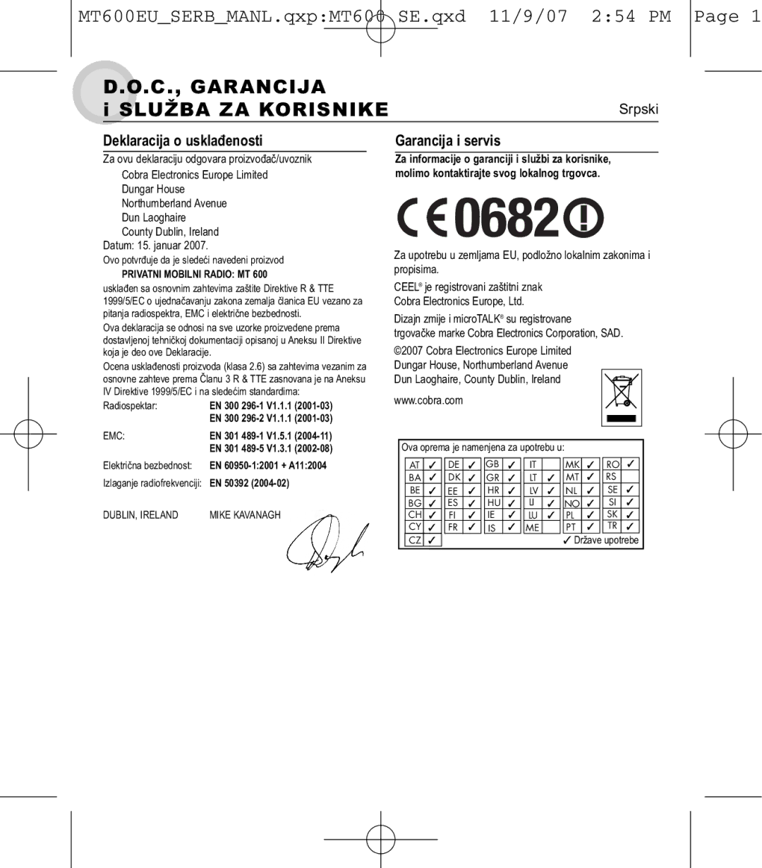 Cobra Electronics MT 600 manual C., Garancija, ZA Korisnike, Deklaracija o usklađenosti, Garancija i servis 