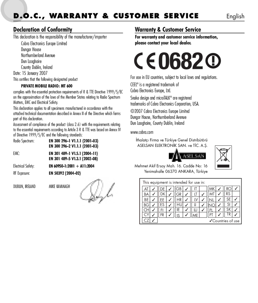 Cobra Electronics MT 650 manual C., Warra NTY & Customer SER VIC E, Declaration of Conformity, Warranty & Customer Service 