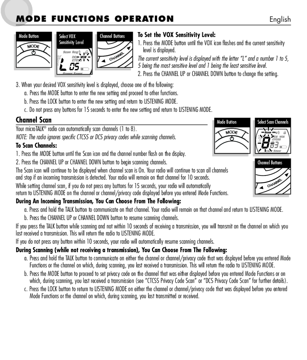 Cobra Electronics MT 650 manual Channel Scan, Channel Buttons To Set the VOX Sensitivity Level, To Scan Channels 