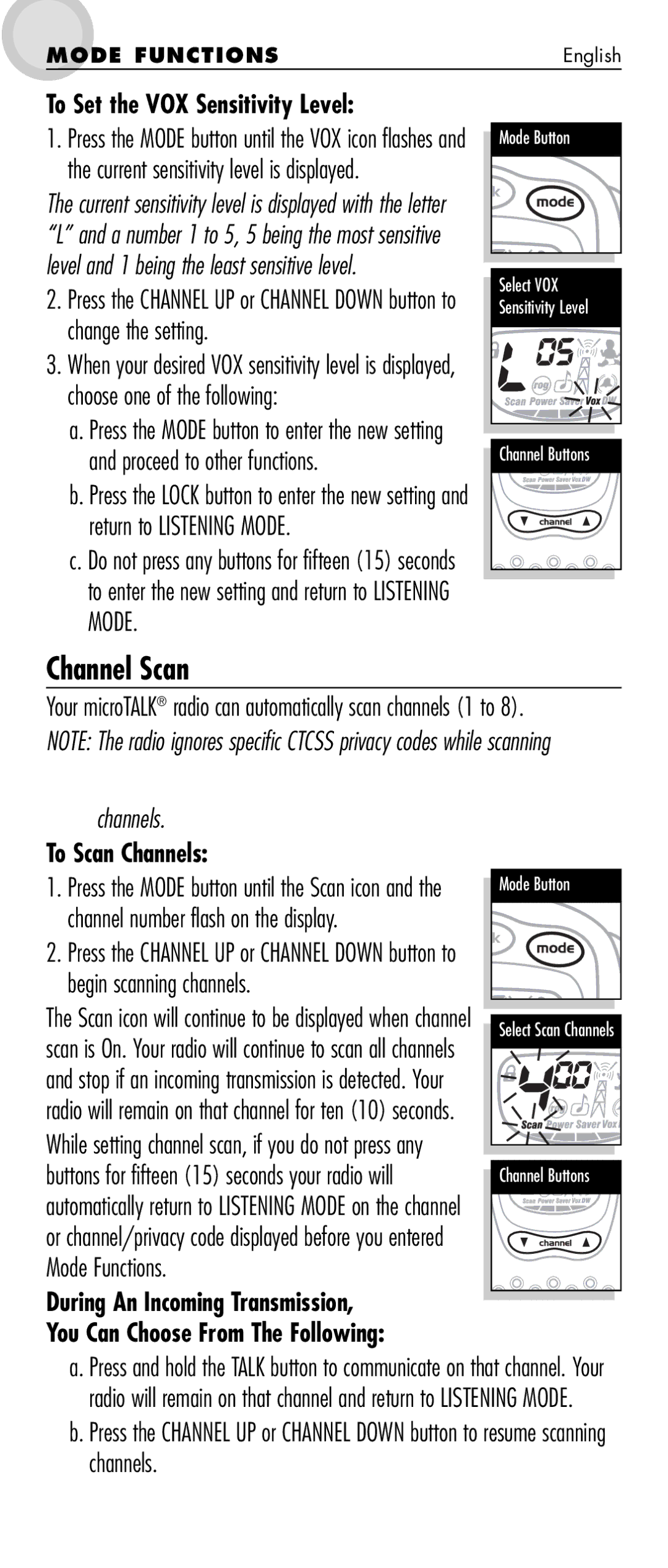 Cobra Electronics MT 725 manual Channel Scan, To Set the VOX Sensitivity Level, To Scan Channels 