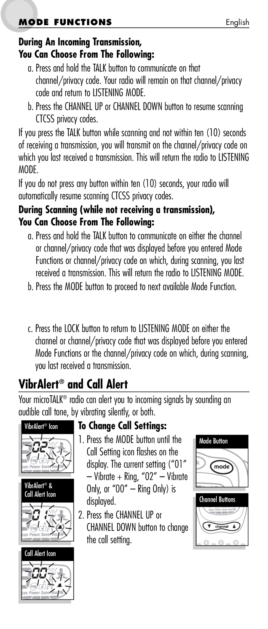 Cobra Electronics MT 725 manual VibrAlert and Call Alert, To Change Call Settings 