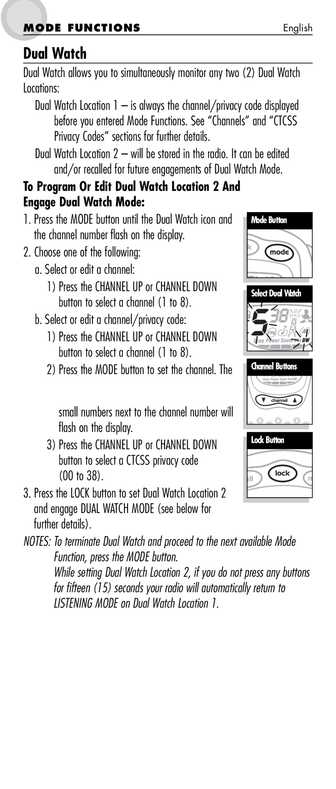 Cobra Electronics MT 725 manual Dual Watch, Choose one of the following Select or edit a channel 