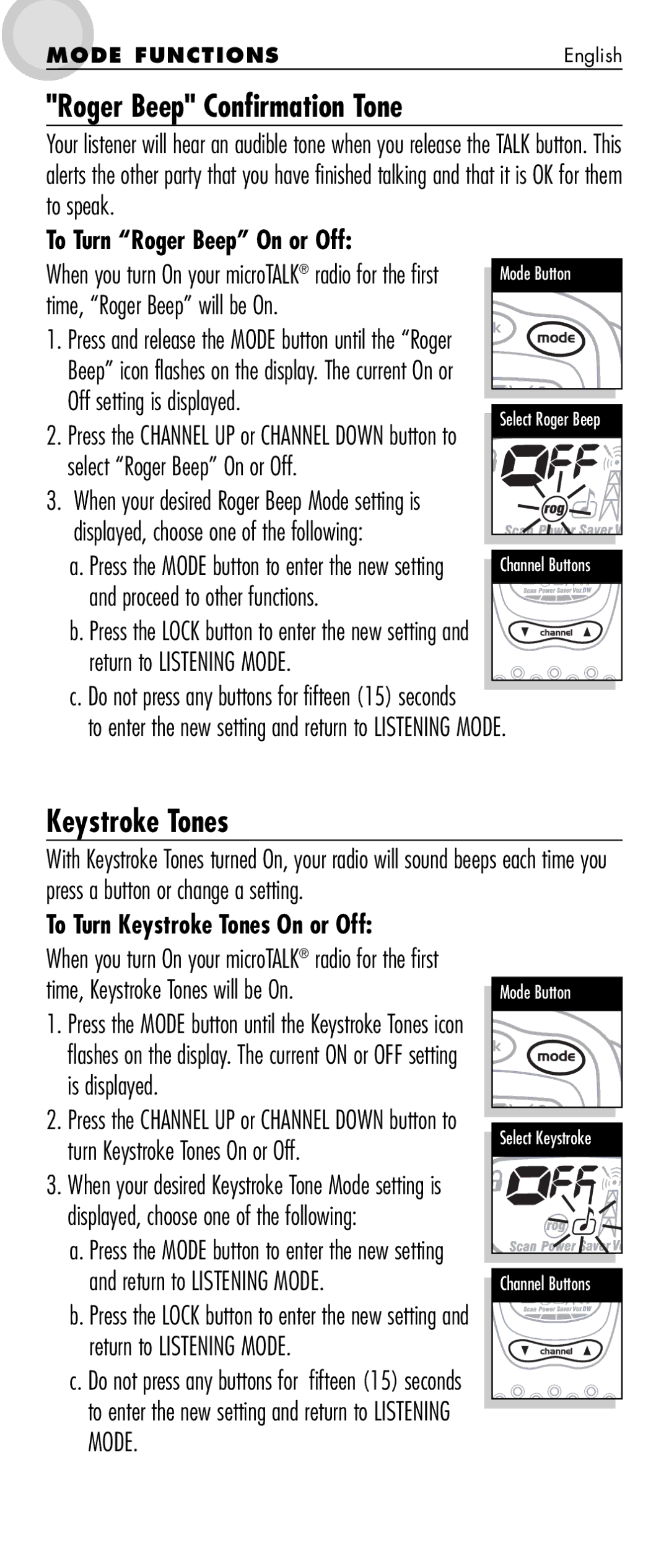 Cobra Electronics MT 725 manual Roger Beep Confirmation Tone, Keystroke Tones, To Turn Roger Beep On or Off 