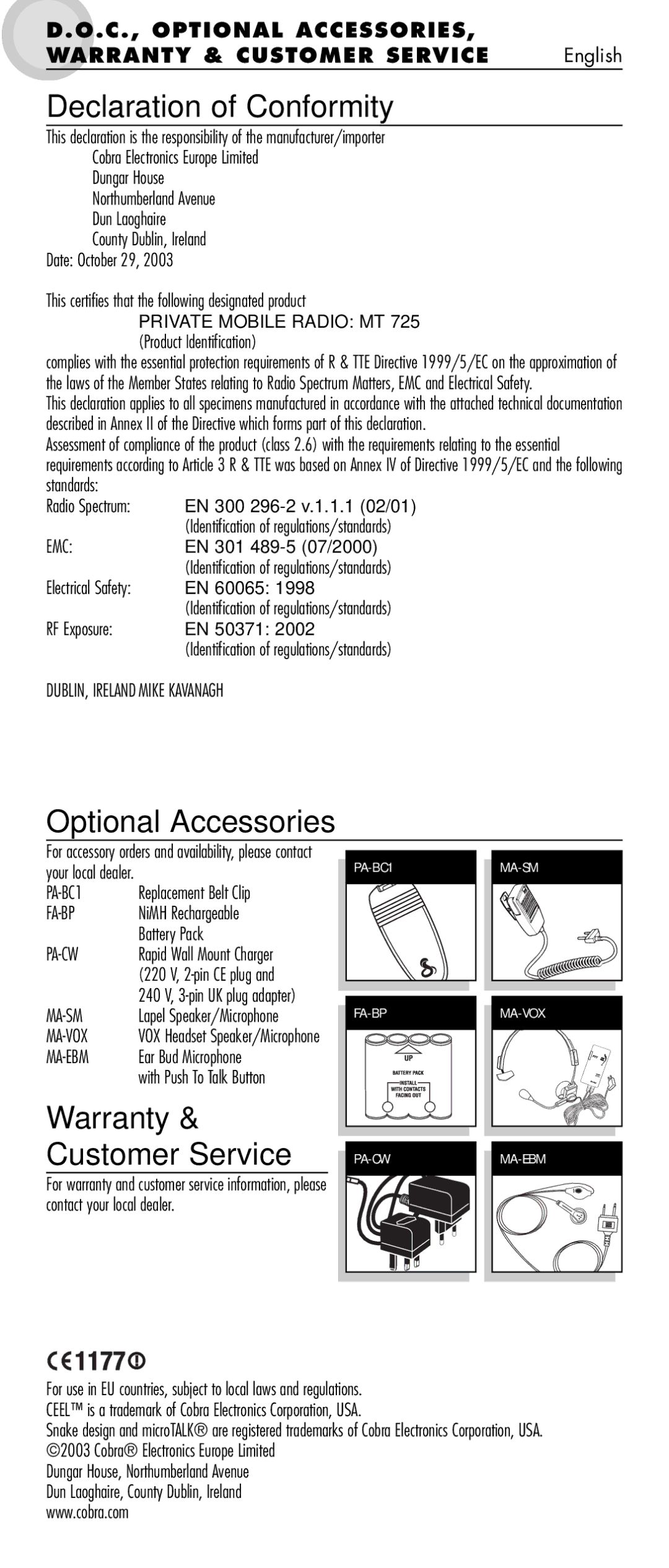 Cobra Electronics MT 725 manual Declaration of Conformity, Optional Accessories 