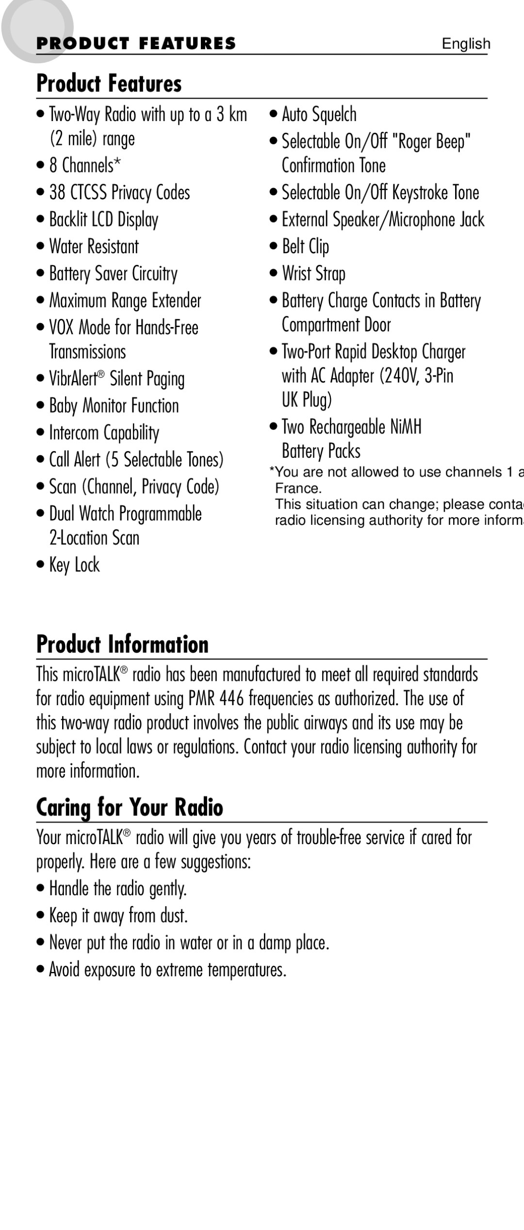 Cobra Electronics MT 725 manual Product Features, Product Information, Caring for Your Radio 