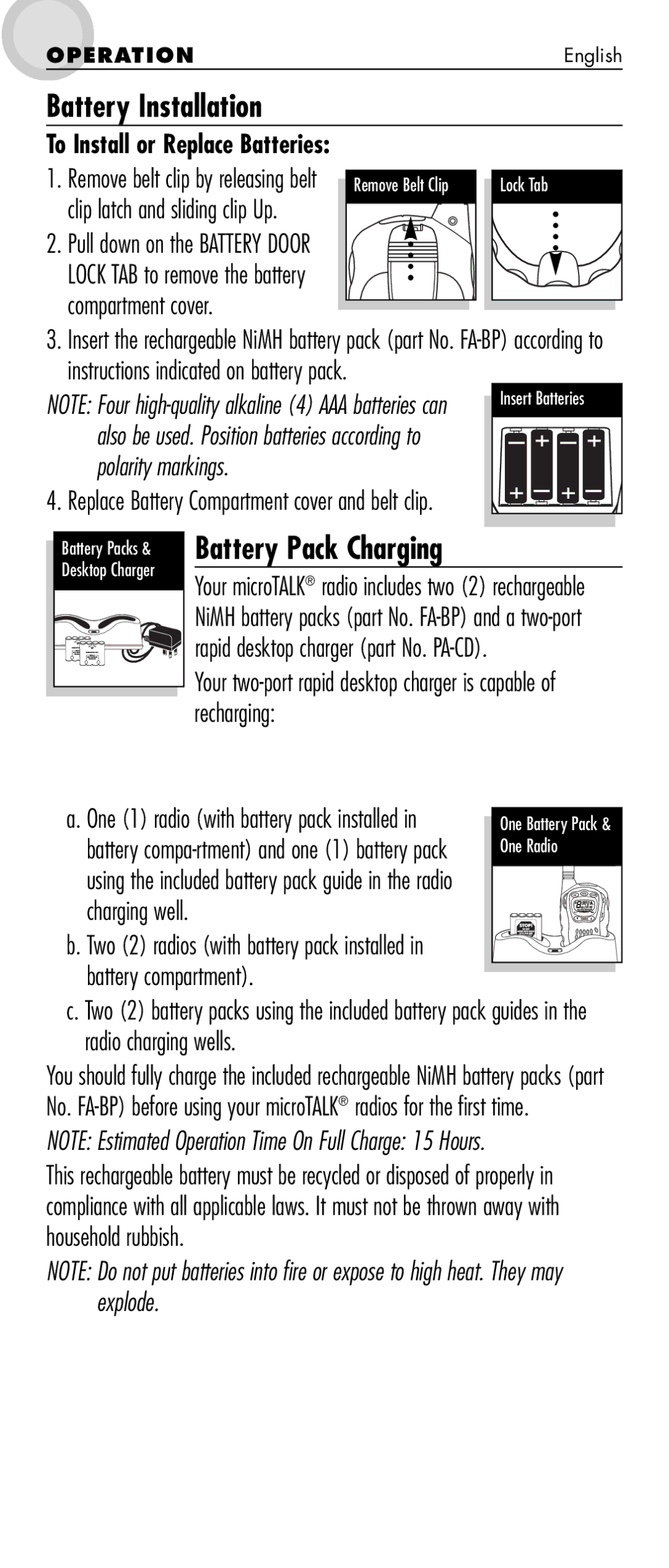 Cobra Electronics MT 725 manual Battery Installation, Battery Pack Charging, To Install or Replace Batteries, Recharging 