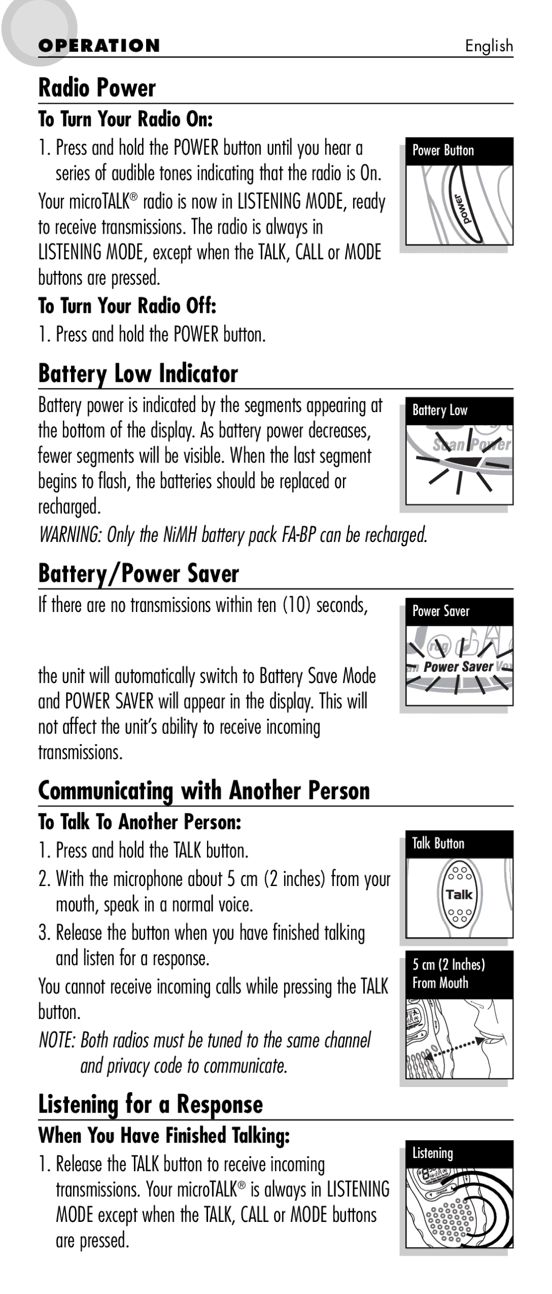 Cobra Electronics MT 725 manual Radio Power, Battery Low Indicator, Battery/Power Saver, Communicating with Another Person 