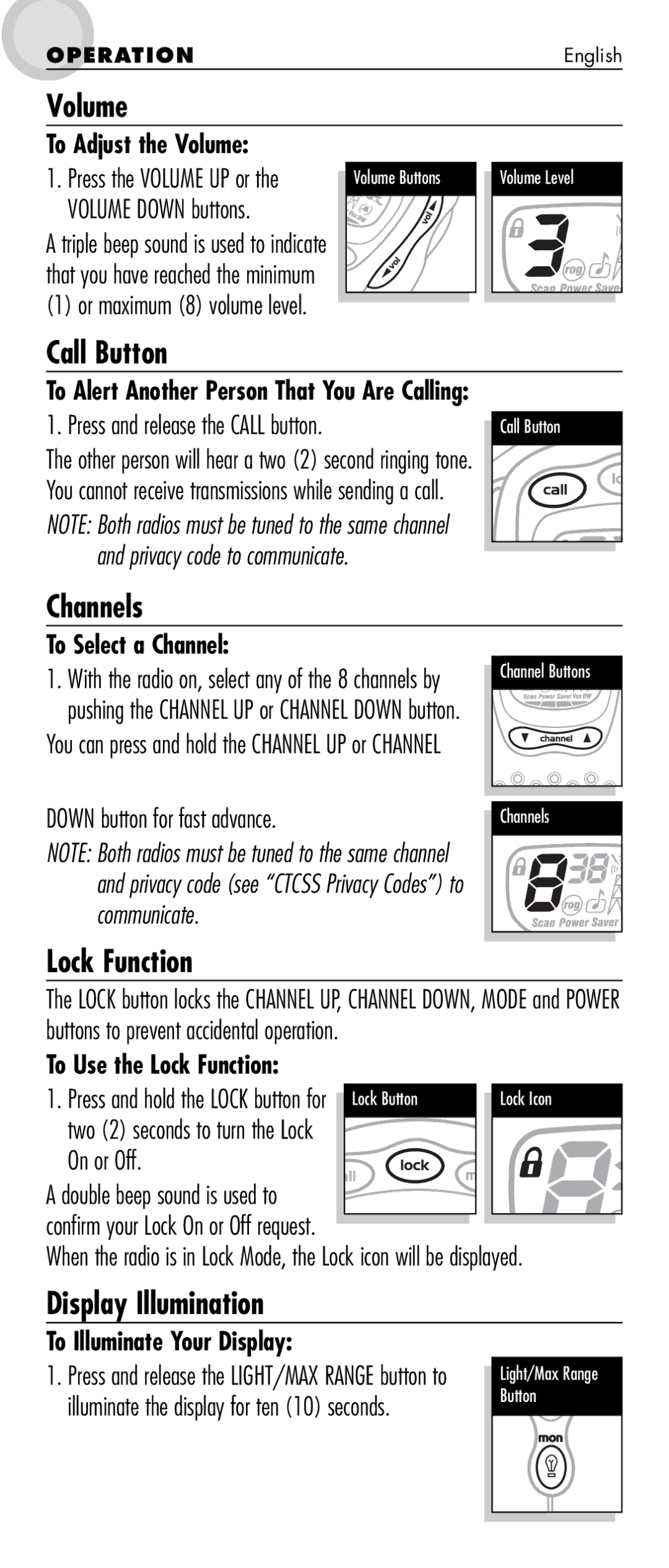 Cobra Electronics MT 725 manual Volume, Call Button, Channels, Lock Function, Display Illumination 