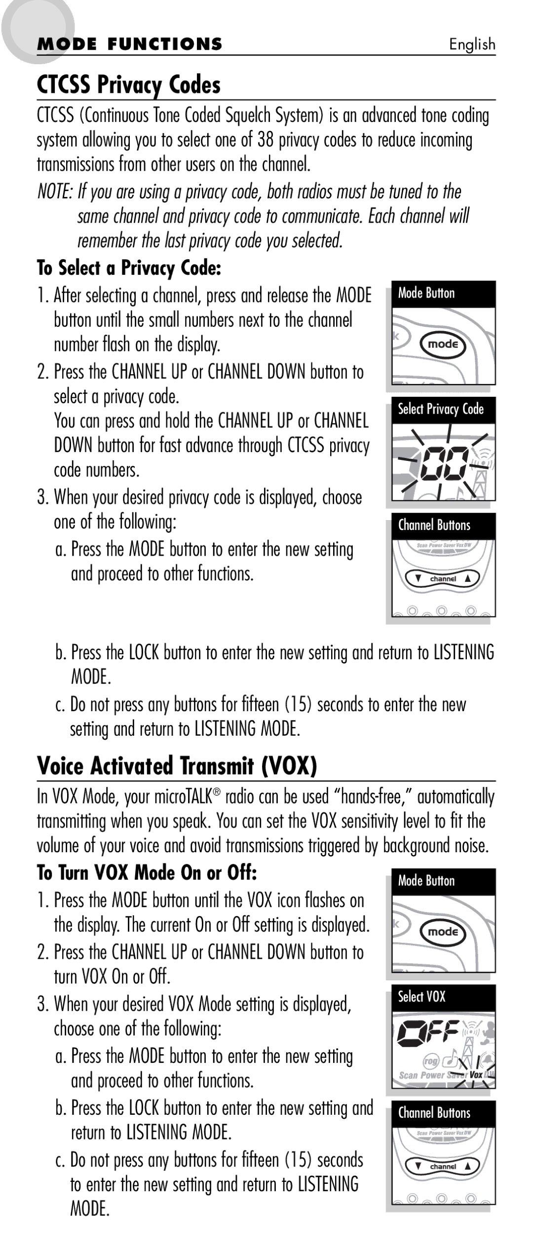 Cobra Electronics MT 725 manual Ctcss Privacy Codes, Voice Activated Transmit VOX, To Select a Privacy Code 