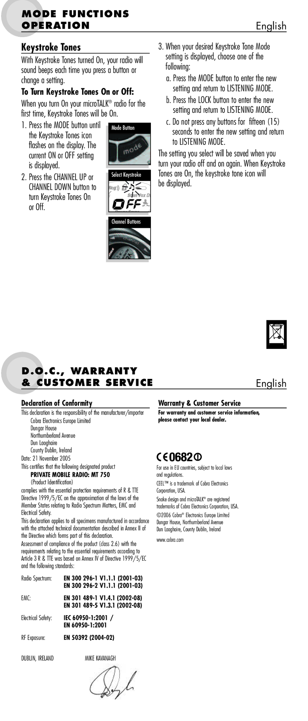 Cobra Electronics MT 750 Keystroke Tones, C., Warranty Customer Service, To Listening Mode, Declaration of Conformity 