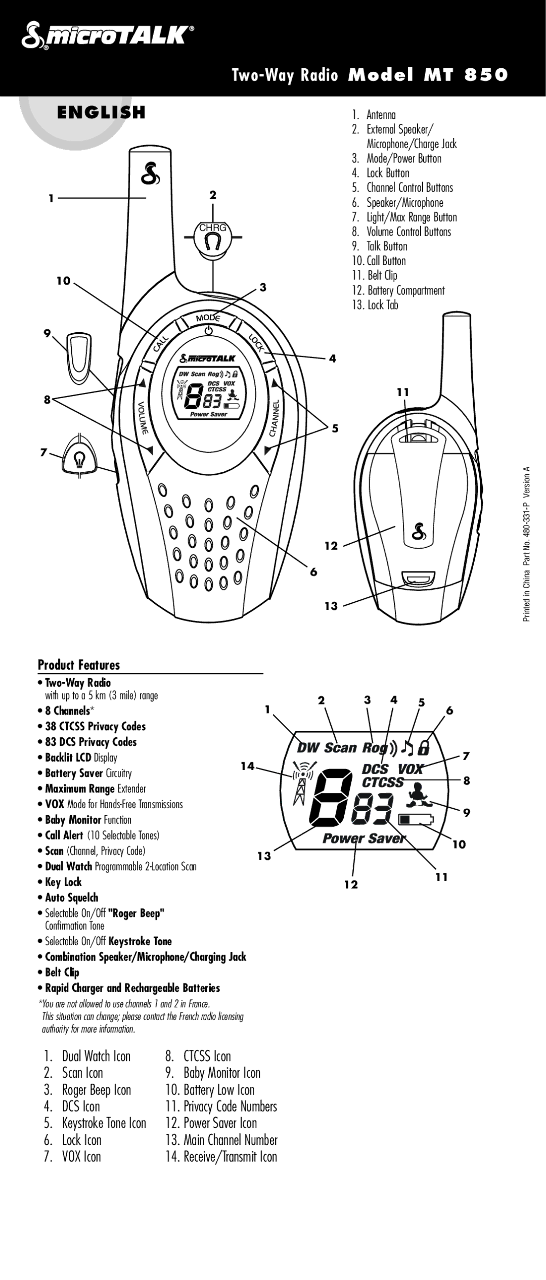 Cobra Electronics MT 850 manual English, Product Features 