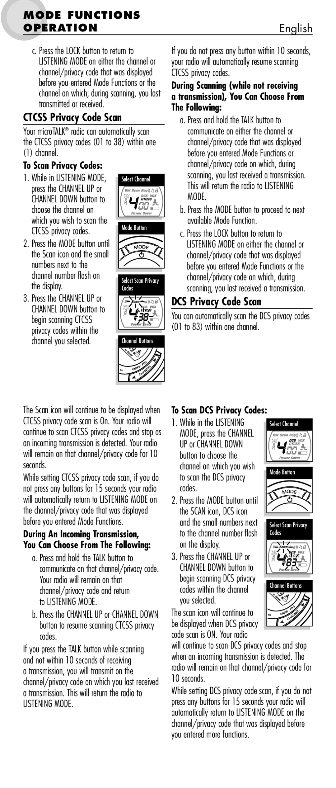 Cobra Electronics MT 850 manual Ctcss Privacy Code Scan, DCS Privacy Code Scan, Channel, To Scan DCS Privacy Codes 