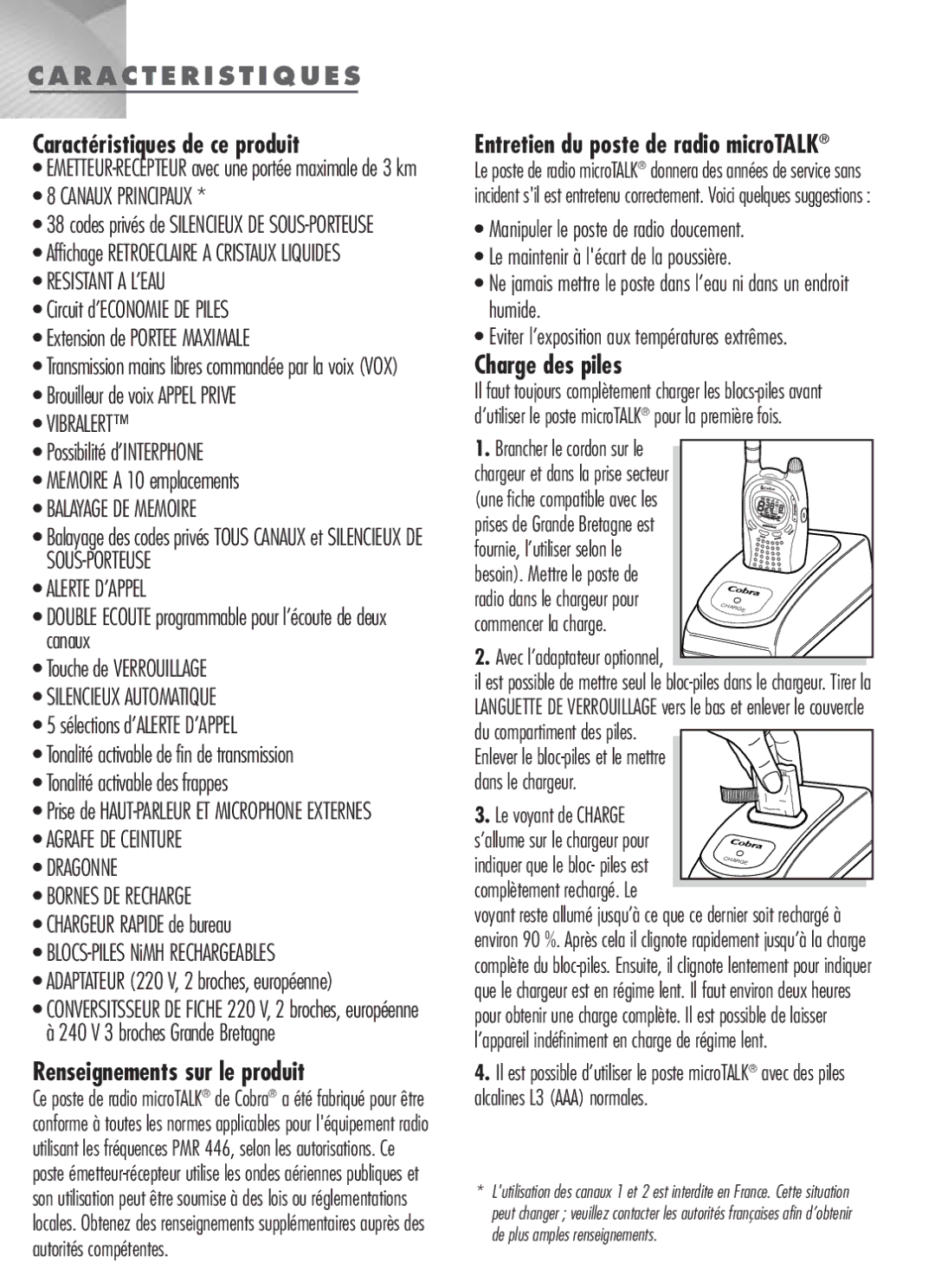 Cobra Electronics MT-900 manual R a C T E R I S T I Q U E S, Caractéristiques de ce produit, Renseignements sur le produit 