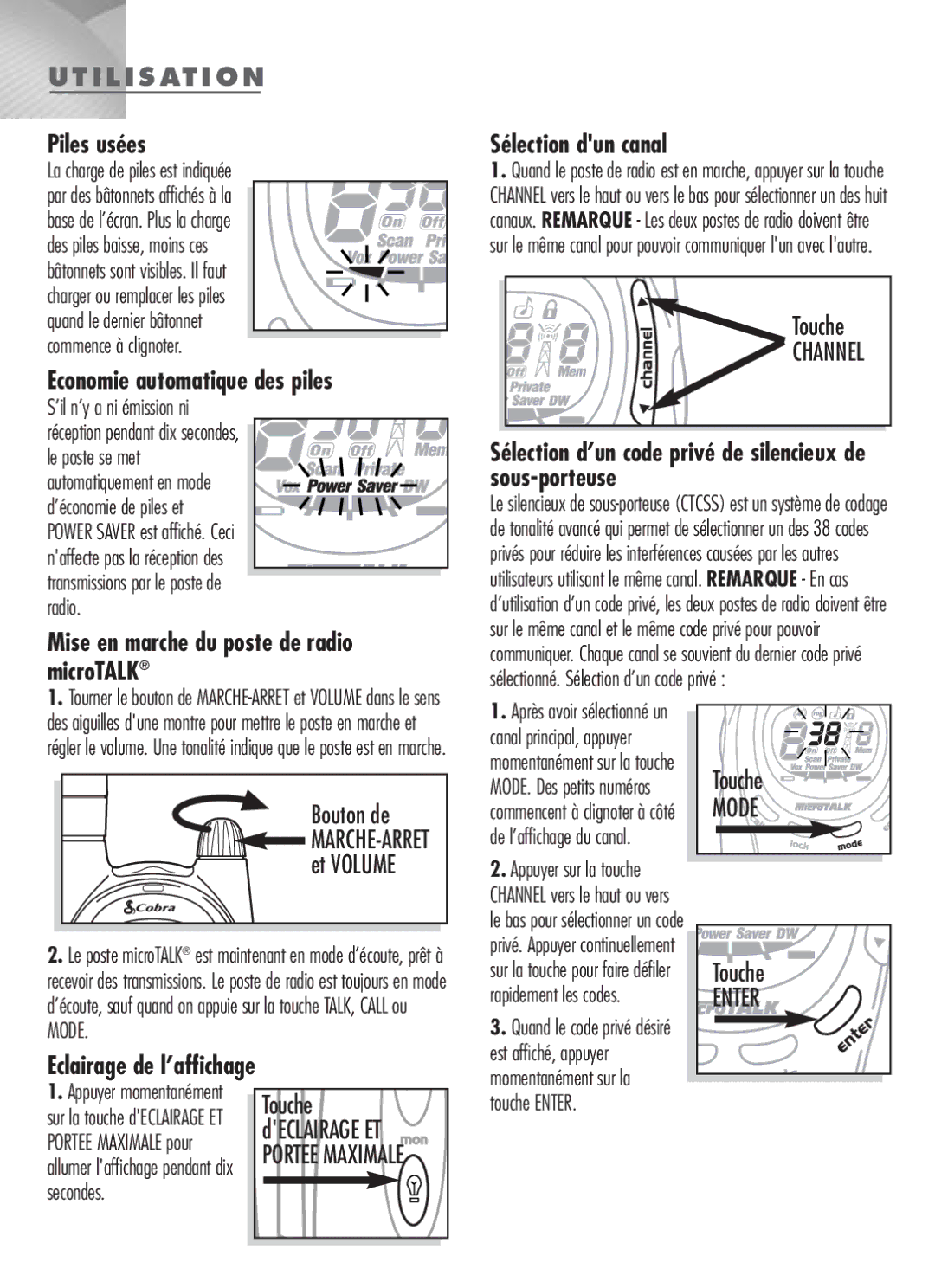 Cobra Electronics MT-900 manual I L I S At I O N, Piles usées, Economie automatique des piles, Eclairage de l’affichage 