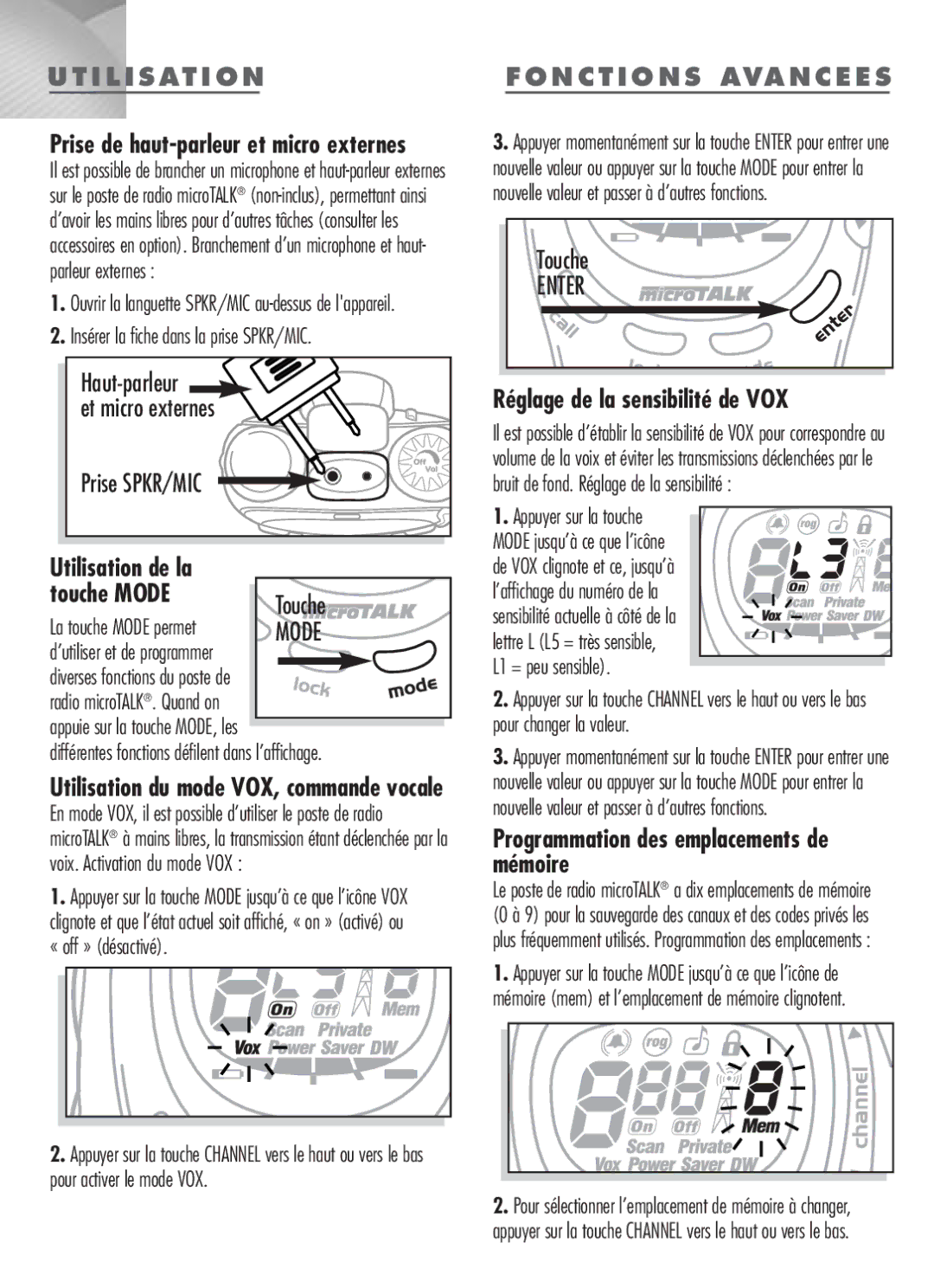 Cobra Electronics MT-900 Utilisation, Haut-parleur Et micro externes, Fonctions Avancees, Réglage de la sensibilité de VOX 