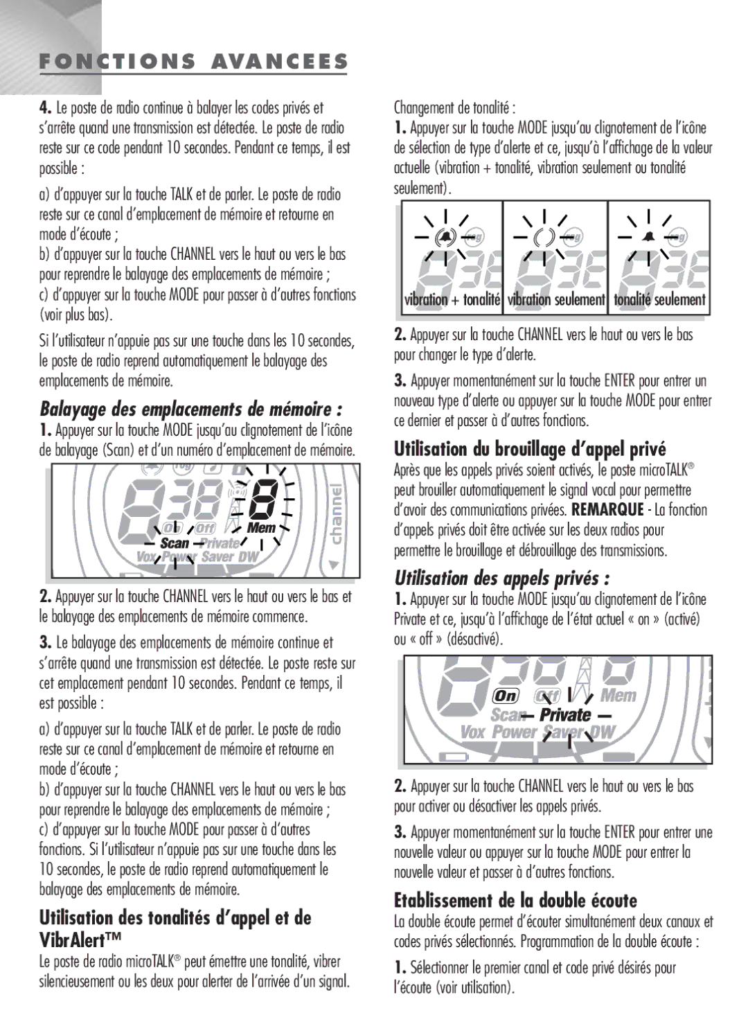 Cobra Electronics MT-900 manual Utilisation des tonalités d’appel et de VibrAlert, Etablissement de la double écoute 