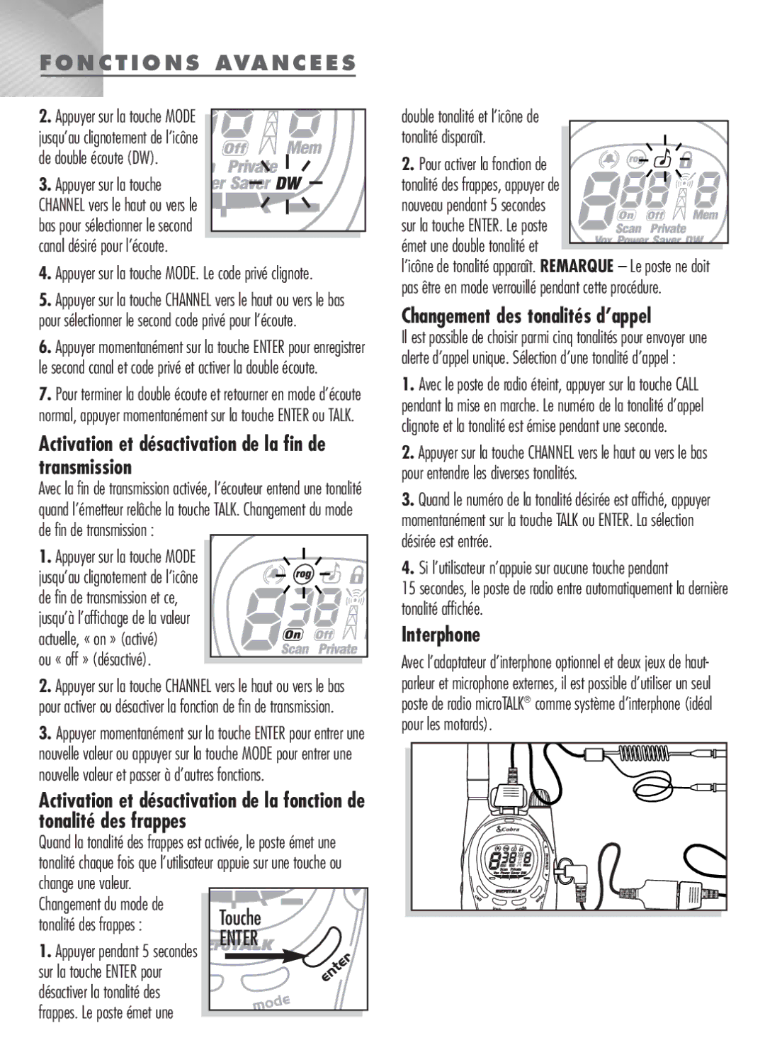 Cobra Electronics MT-900 manual Activation et désactivation de la fin de transmission, Changement des tonalités d’appel 